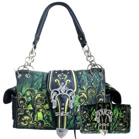 GREEN WESTERN CONCEALED CARRY PURSE AND WALLET WITH BUCKLE EMBROIDERY