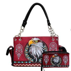 Wine Western Concealed Carry Purse And Wallet Set With Eagle Embroidery