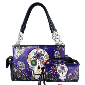 PURPLE WESTERN CONCEALED CARRY PURSE AND WALLET SET WITH SKULL EMBROIDERY