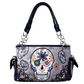 GRAY BLACK WESTERN CONCEALED CARRY PURSE WITH SKULL EMBROIDERY