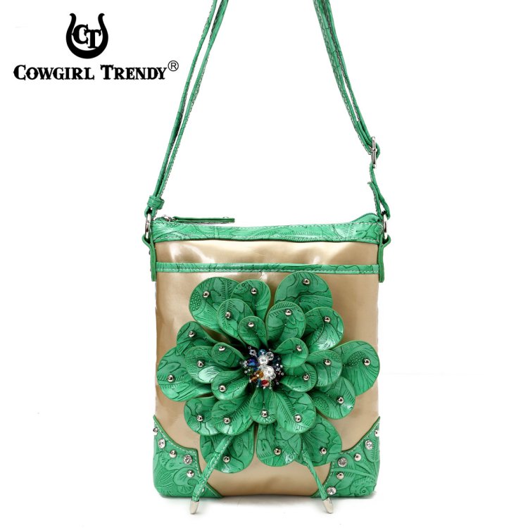 Green Flower Center Accented And Studs Crossbody Purse