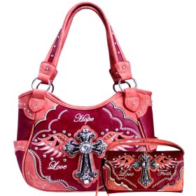 Red Western Concealed Carry Purse And Wallet Set With Cross & Wing Embroidery
