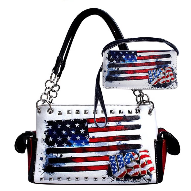 Black Western Concealed Carry Purse And Wallet Set With Flag Embroidery