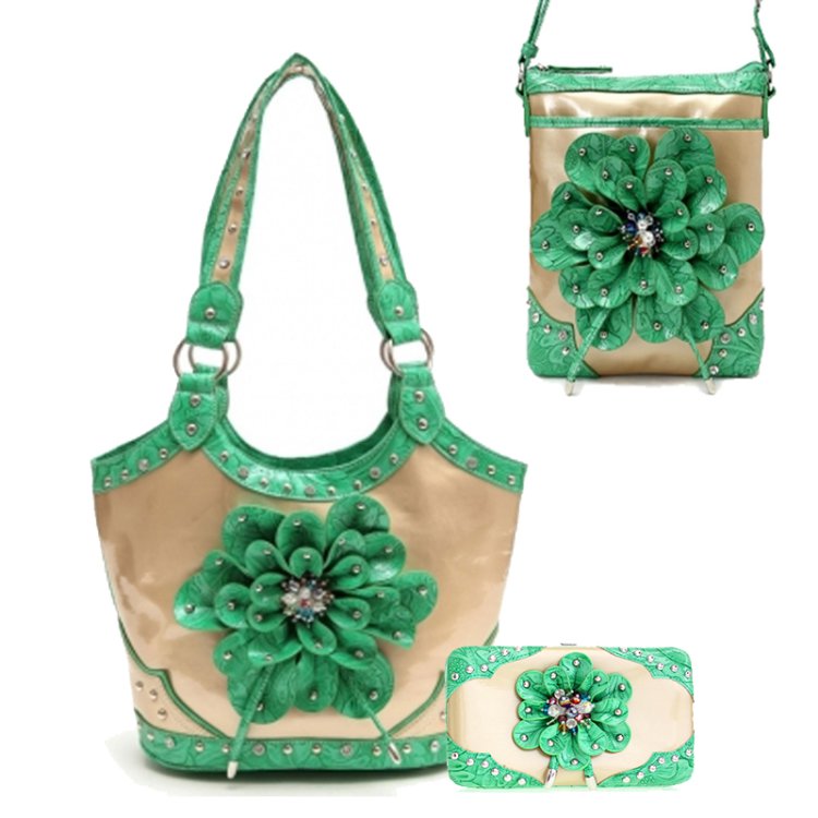 Green Flower Center Handbag 3-Piece Purse Set