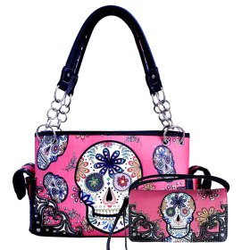 HOT PINK WESTERN CONCEALED CARRY PURSE AND WALLET SET WITH SKULL EMBROIDERY