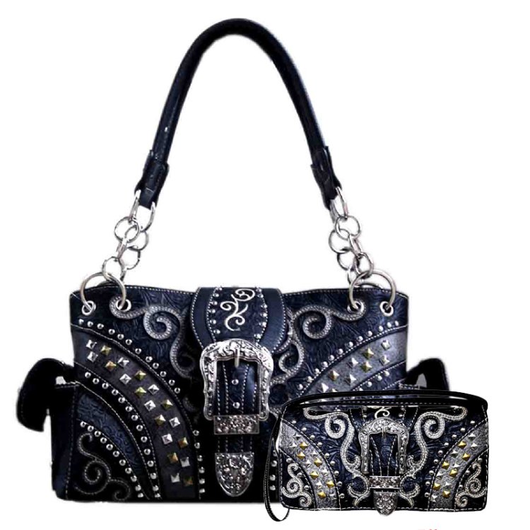 Black Rhinestone Rivet Buckle Concealed Carry Purse & Wallet Set
