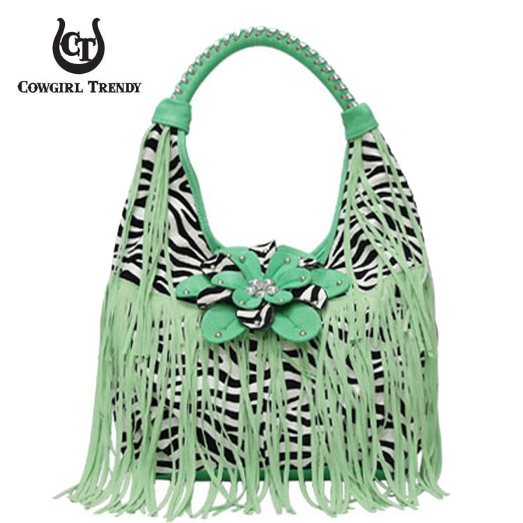 Aqua Green Zebra Printed W/ Flower & Fringe Handbag