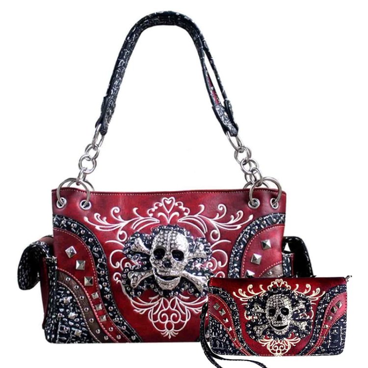 Red Western Concealed Carry Purse And Wallet Set With Skull Embroidery