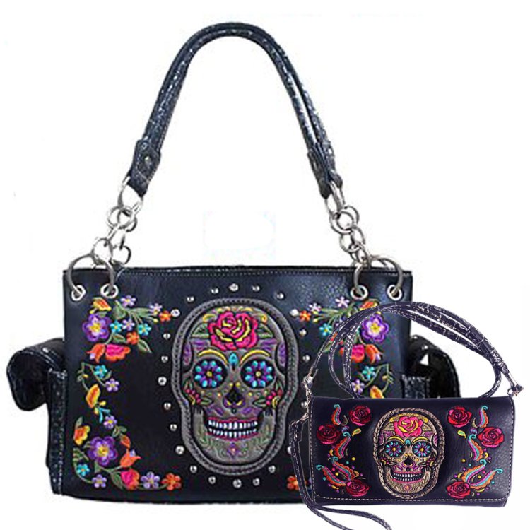 Black Western Concealed Carry Purse And Wallet Set With Skull Embroidery