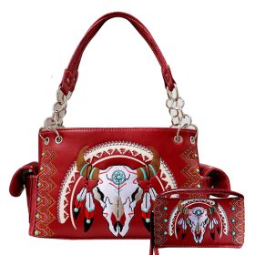Wine Western Concealed Carry Purse And Wallet Set With Steer Head Embroidery
