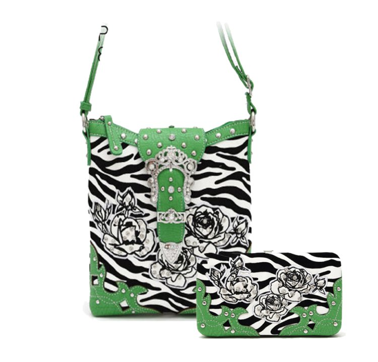 Lime Zebra Print & Flower Belt Clip Crossbody Purse and Wallet Set