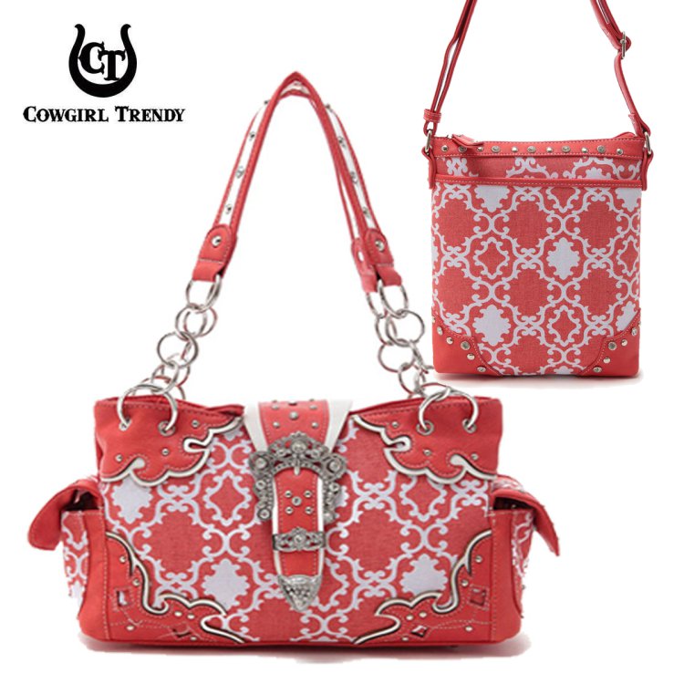 Coral Western Quatrefoil Print Handbag Crossbody Purse