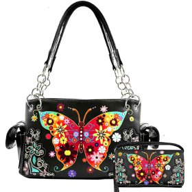 BLACK WESTERN CONCEALED CARRY PURSE AND WALLET SET W/LARGE-BUTTERFLY EMBROIDERY