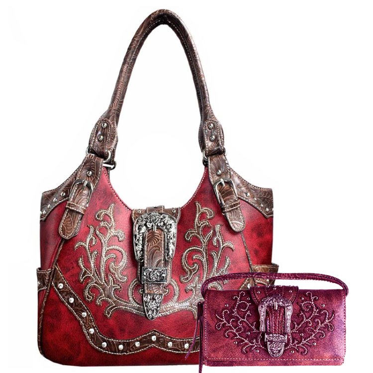 Red Premium Buckle Embroidery Concealed Carry Purse & Wallet Set