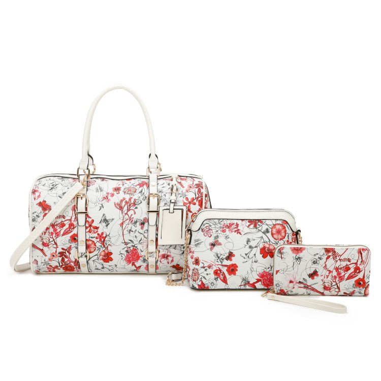 3 IN 1 FLORAL PRINTED DUFFLE BAG WITH CROSSBODY AND WALLET SET