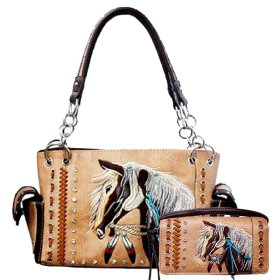 Tan Premium Horse Embroidery Concealed Carry Purse & Wallet Set