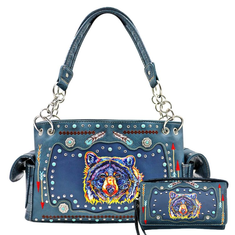 Teal Western Concealed Carry Purse And Wallet Set With Bear Embroidery