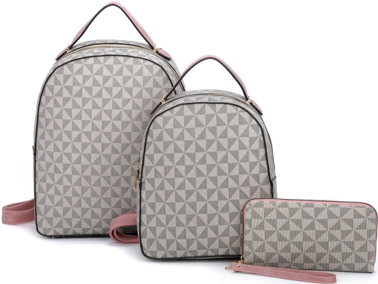 Pink 3-Piece Triangle Monogram Plain Backpack With Matching Bag