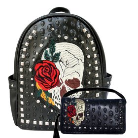 Black Western Concealed Carry Backpack And Wallet Set With Skull Embroidery