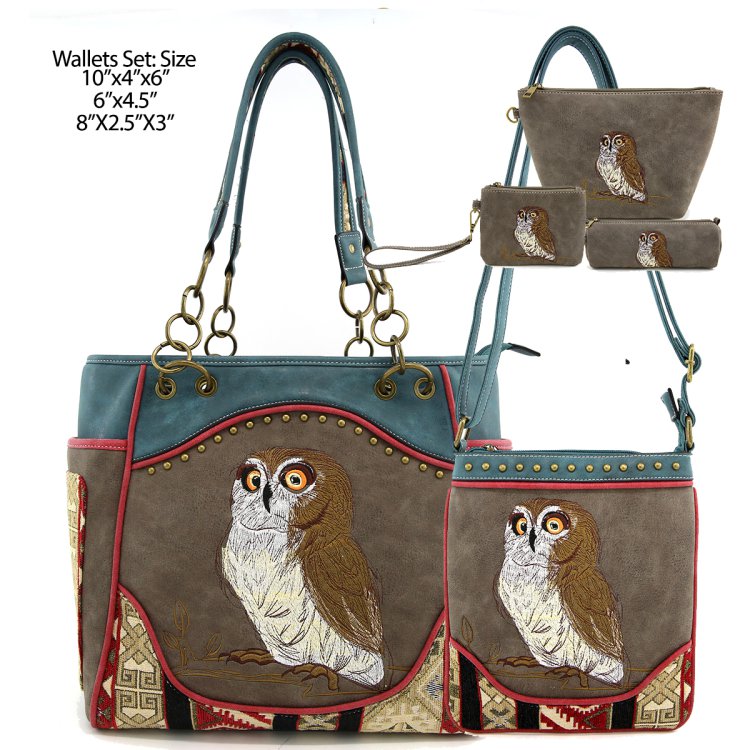 Classic Western Owl Embroidered Concealed Carry Purse Tote Bag