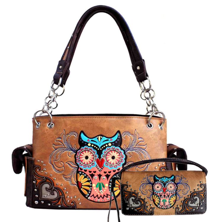 Tan Western Concealed Carry Purse And Wallet Set With Owl Embroidery