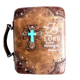 Brown Bible Cover With Verse Embroidered Nehemiah 8:10