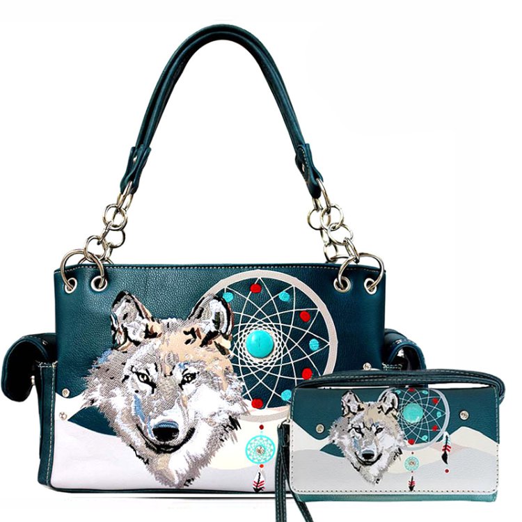 Teal Wolf Dream Catcher Concealed Carry Purse & Wallet Set
