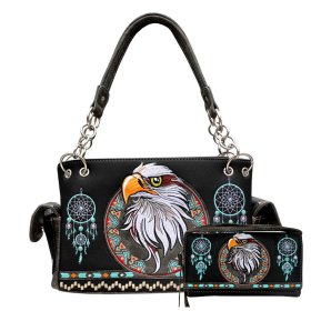 BLACK WESTERN CONCEALED CARRY PURSE AND WALLET SET WITH EAGLE EMBROIDERY