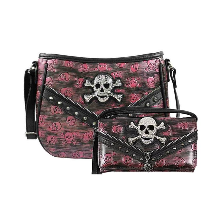 H-Pink Concealed Carry Skull Concho Studded Crossbody & Wallet Set