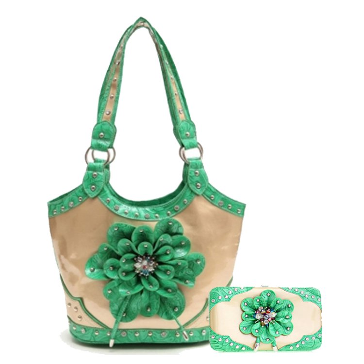 Green Flower Center Handbag & Wallet