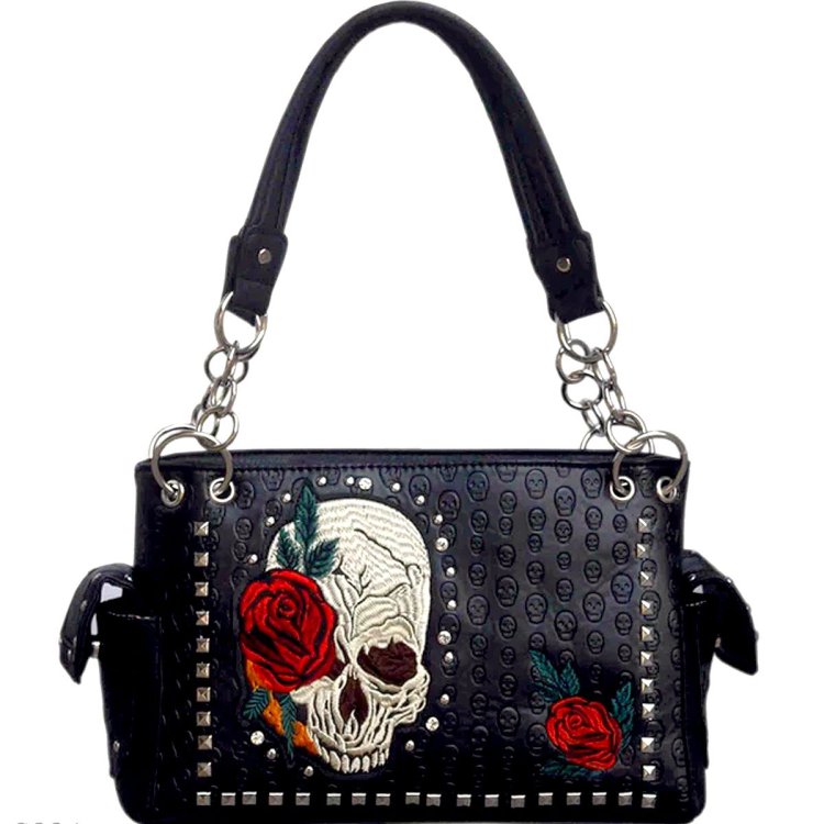 Black Western Concealed Carry Purse With Skull Embroidery and Cell Phone Wallet