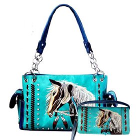Turquoise Premium Horse Embroidery Concealed Carry Purse & Wallet Set