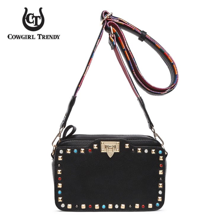 Black Solid Flap Color-Stones & Studs Makeup Purse/Case.