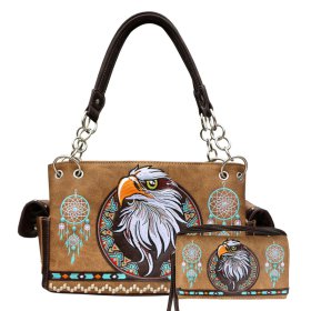 Tan Western Concealed Carry Purse & Wallet Set With Eagle Embroidery