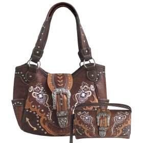 Brown Premium Buckle Embroidery Concealed Carry Purse & Wallet Set
