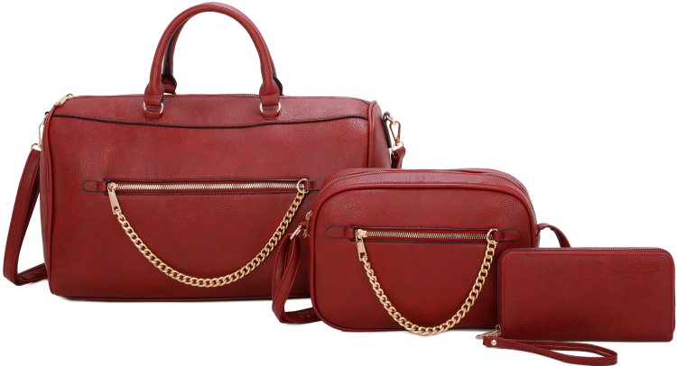 Burgundy 3-Piece Big Handbag With Middle Messenger And Wallet