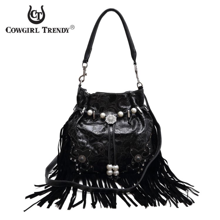 Black Fringe And Engrave Accented Bucket Handbag