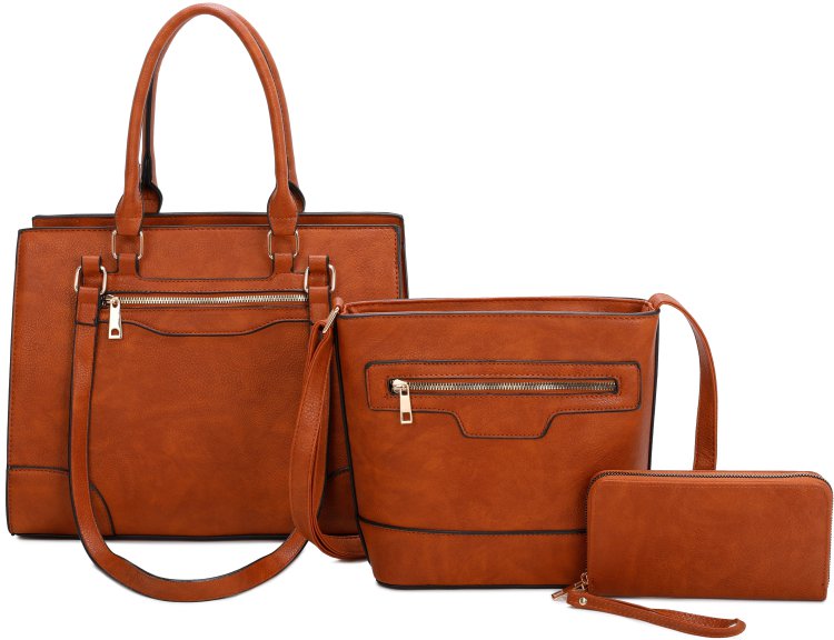 Brown Smooth Textured 3-Piece Purse Set With Messenger