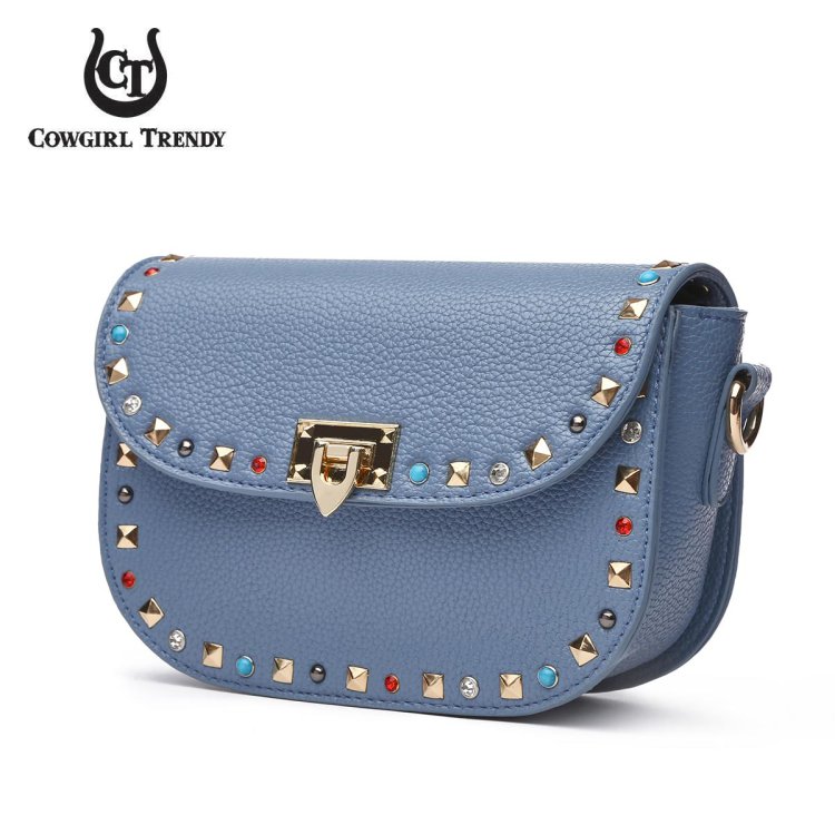Grey Solid Flap Color Stones & Studs Crossbody Purse