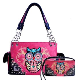 Hot Pink Western Concealed Carry Purse And Wallet Set With Owl Embroidery
