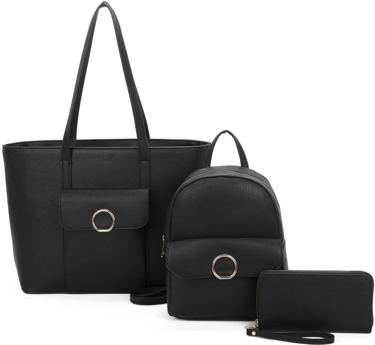 Black 3-Piece Fashion Shopper Backpack And Clutch Set