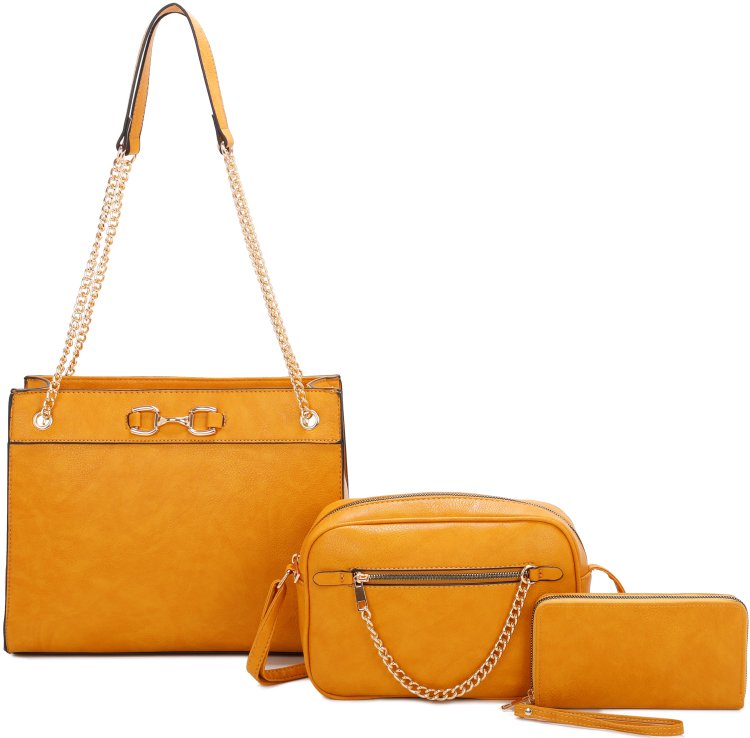 Mustard 3-Piece Big Handbag With Middle Messenger And Wallet