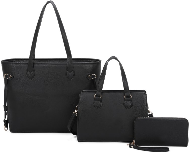 Black 3-Piece Plain Tote Bag With Bag And Wallet Set