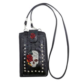 Black Western Skull Embroidery hipster Crossbody Style Cell Phone Wallet.