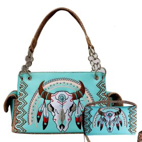 Mint Western Concealed Carry Purse And Wallet Set With Steer Head Embroidery