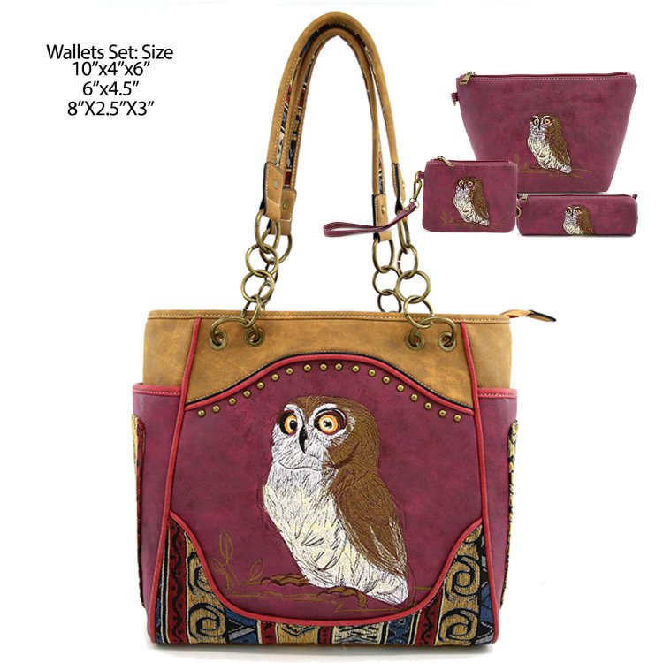 Classic Western Owl Embroidered Concealed Carry Tote Bag Purse With Wallet Set