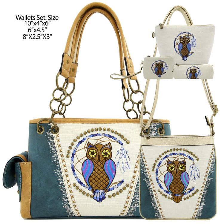 Classic Western Owl Embroidered Concealed Carry Shoulder Purse & Wallet Set