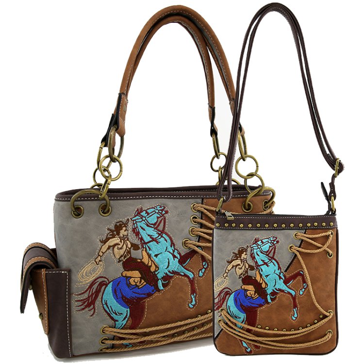 Classic Western Horse Embroider Concealed Carry Purse & Crossbody Purse Set