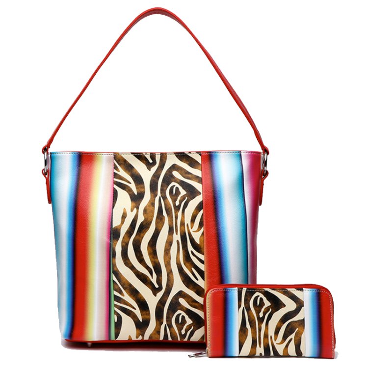 Red Zebra Multi-Striped Tote Purse & Wallet Set