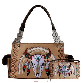 Tan Western Concealed Carry Purse And Wallet Set With Steer Head Embroidery